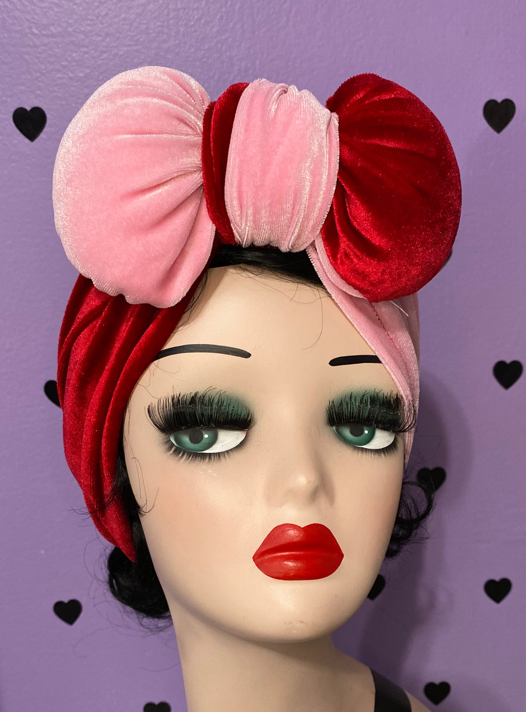 Pink/Red velvet big puffy bow full coverage turban